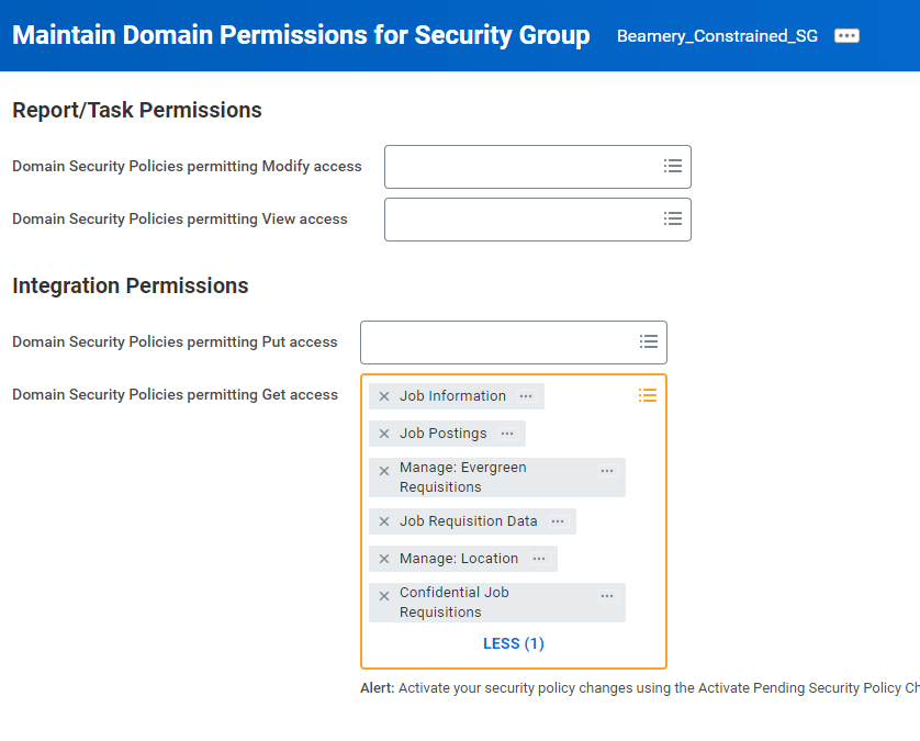 Écran Maintain Domain Permissions for Security Group de Workday avec les domaines ajoutés aux autorisations Get du groupe avec restrictions
