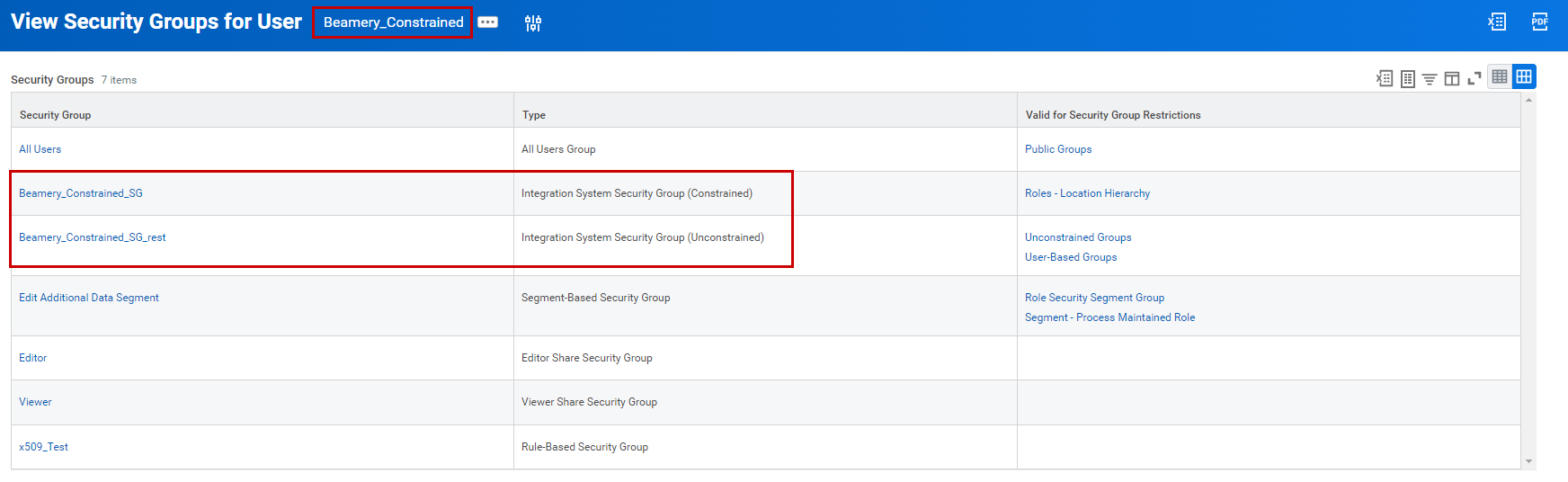 Pantalla View Security Groups for User de Workday con los dos grupos de seguridad (restringido y no restringido) asignados a la ISU resaltados