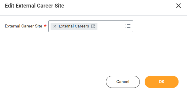 Fenêtre Edit External Career Site de Workday avec la sélection du site carrière externe et le bouton OK