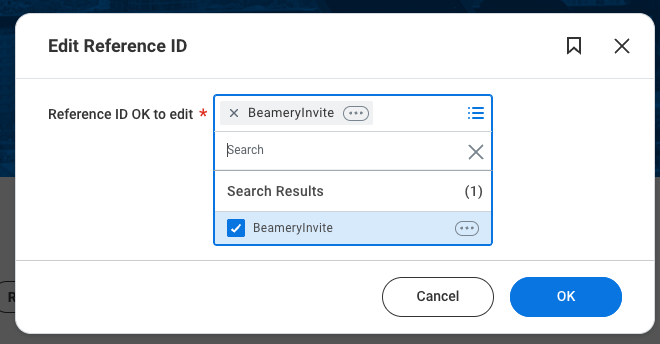 Fenêtre Edit Reference ID de Workday avec la recherche de la source BeameryInvite