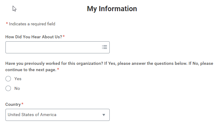 Formulario de solicitud de Workday sin seguimiento de la fuente, con la pregunta How Did You Hear About Us? visible