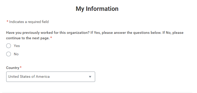 Formulario de solicitud de Workday con seguimiento de la fuente, con la pregunta How Did You Hear About Us? oculta