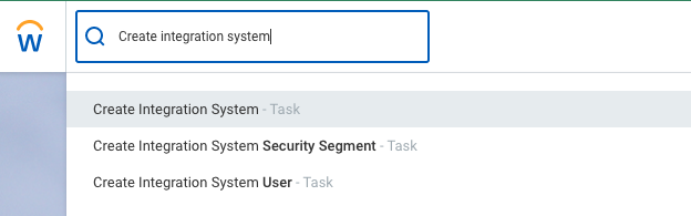 Capture d’écran Workday : Dans Workday, recherchez la tâche Create Integration System dans la barre de recherche 