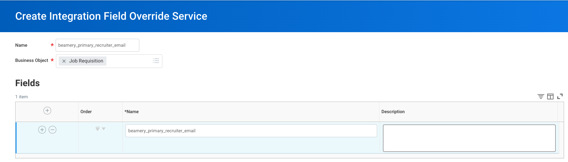 Capture d’écran Workday : Saisissez « beamery_primary_recruiter_email » dans la grille Fields comme indiqué ci-dessous 