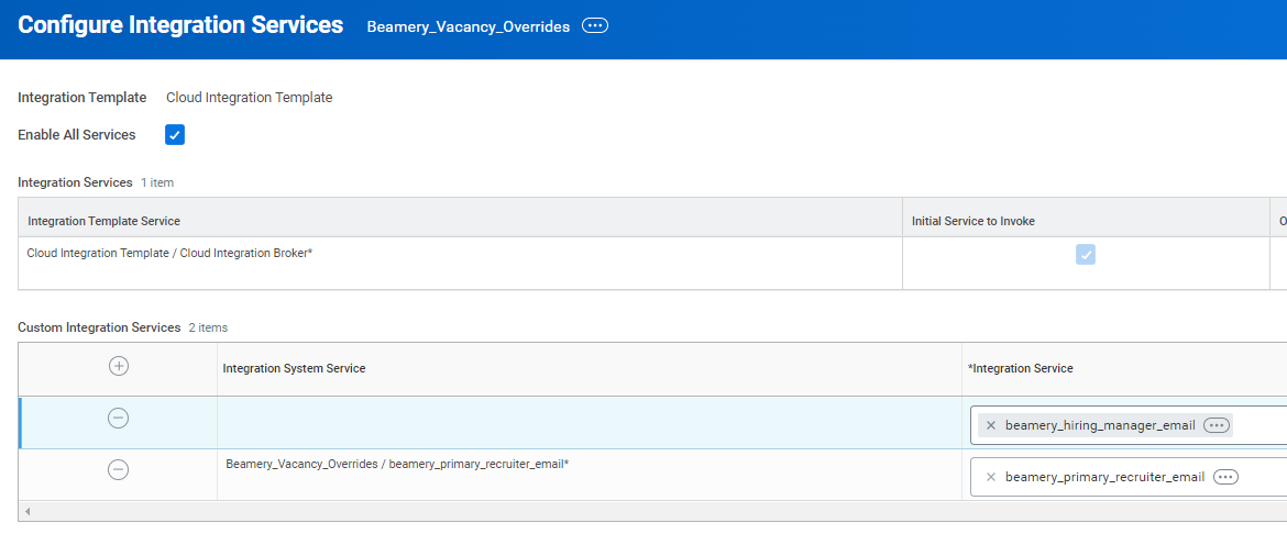 Capture d’écran Workday : Ajoutez « beamery_hiring_manager_email » dans la colonne Integration Service
