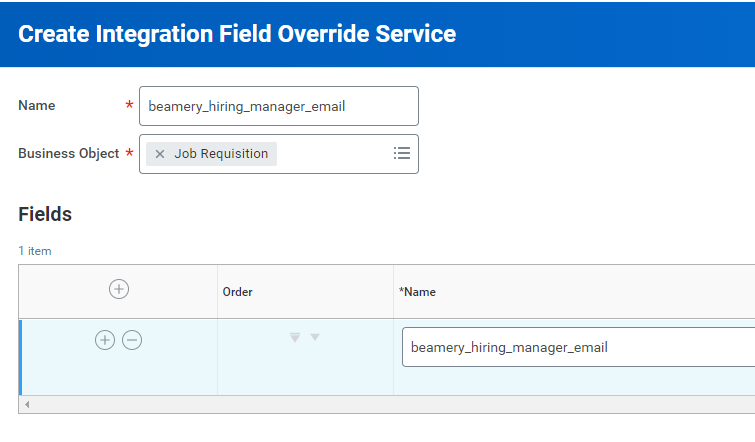 Captura de pantalla de Workday: Llame al servicio “beamery_hiring_manager_email” (utilice exactamente esta ortografía; la integración no funcionará sin ella) y seleccione “Job Requisition” como Business Object. Introduzca “beamery_hiring_manager_email” en la…