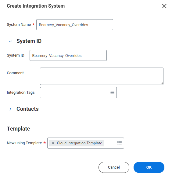 Captura de pantalla de Workday: Para la plantilla, seleccione Cloud Integration Template.