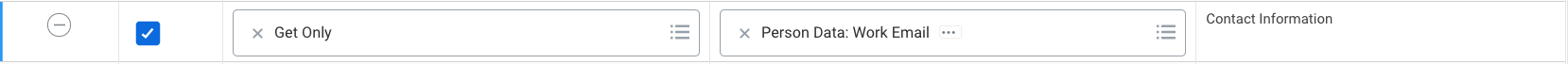 Captura de pantalla de Workday: Si el campo no es accesible para el usuario, deberá añadir a su grupo de seguridad el permiso “Person Data: Work Email” del área funcional “Contact Information”, con acceso “Get Only”.