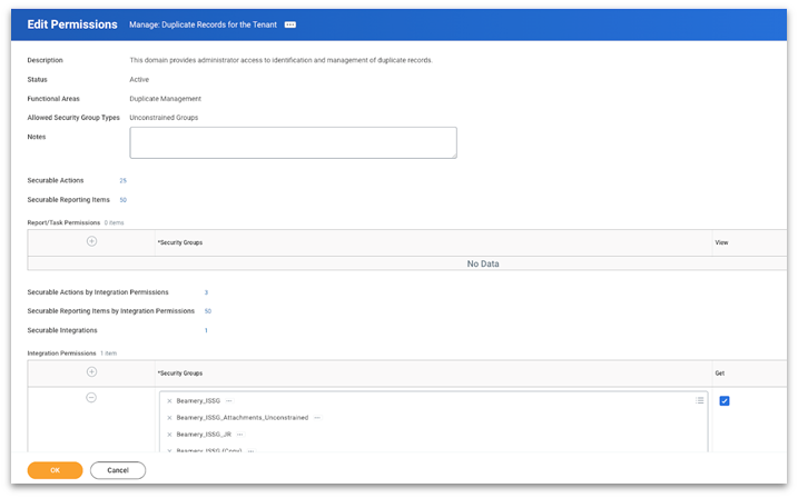 Pantalla «Edit Permissions» de Workday con el grupo Beamery ISSG en los permisos de integración y la casilla Get marcada