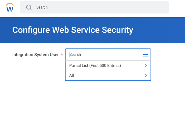 Tâche Workday « Configure Web Service Security » avec le champ Integration System User