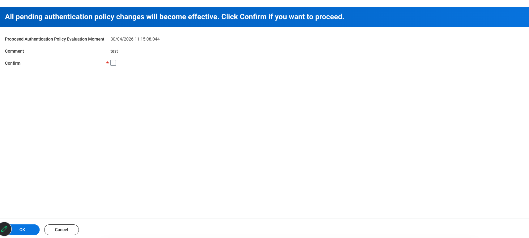 Écran Workday « Activate Pending Authentication Policy Changes » avec la case de confirmation et le bouton OK