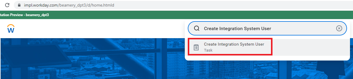 Recherche Workday de la tâche « Create Integration System User »