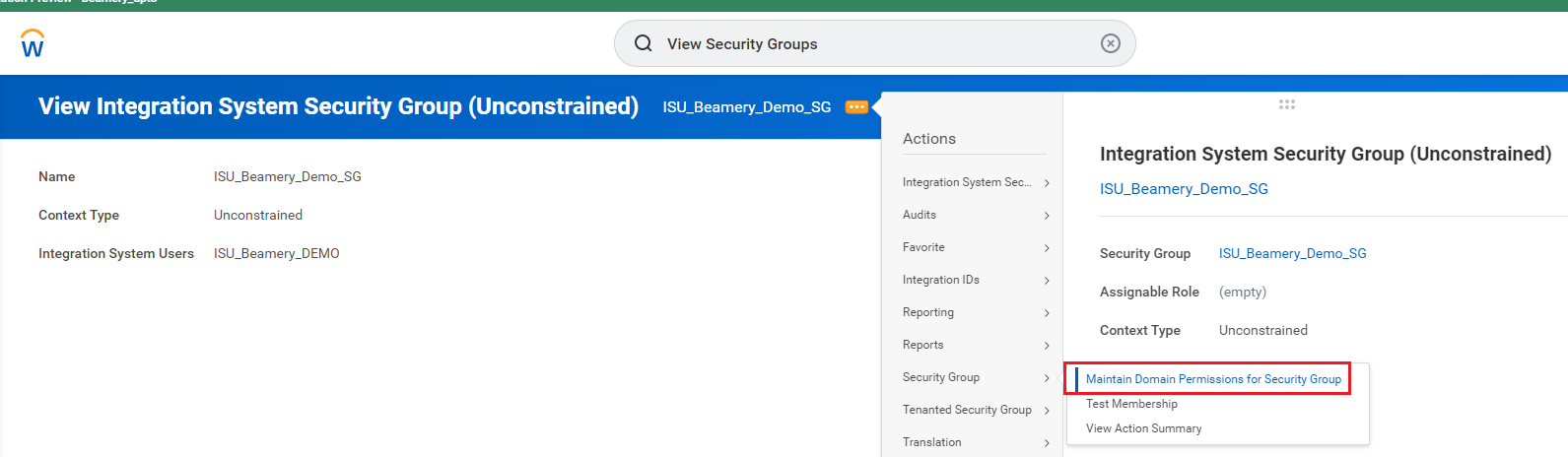 Menu Workday Security Group > Maintain Domain Permissions for Security Group