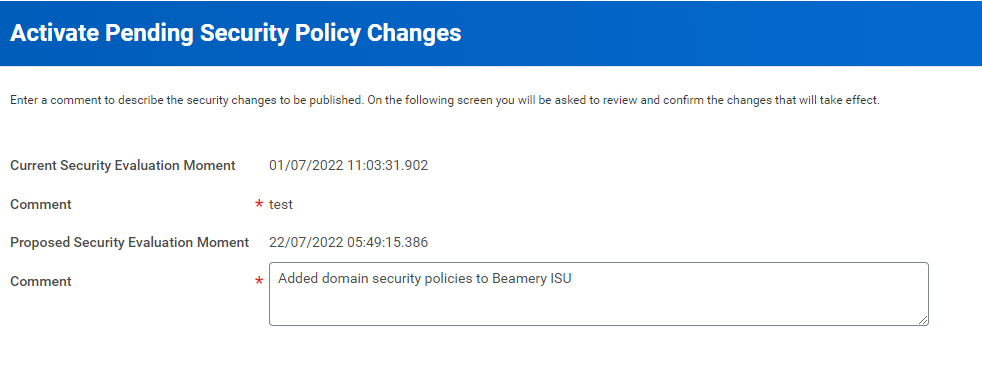 Écran Workday « Activate Pending Security Policy Changes » avec le champ de commentaire
