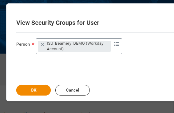 Ventana de Workday «View Security Groups for User» con el nombre de usuario de la ISU