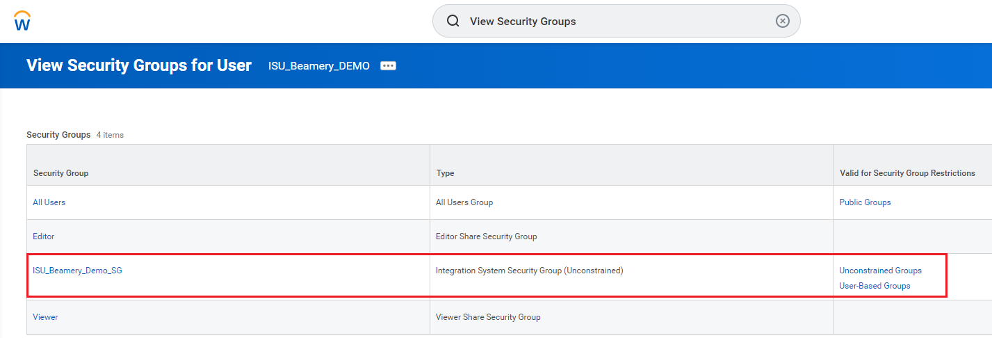 Lista de Workday con los grupos de seguridad de la cuenta ISU