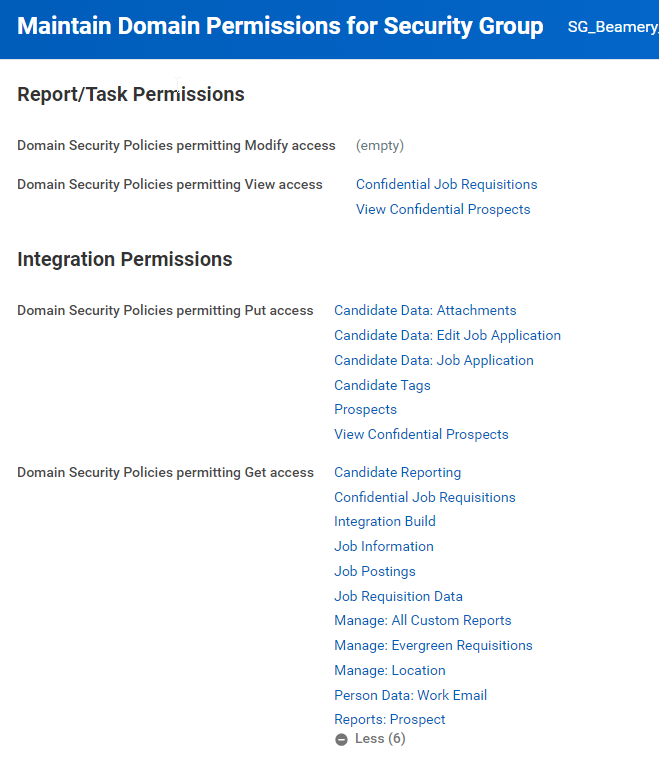 Pantalla de Workday «Maintain Domain Permissions for Security Group» con los dominios Get y Put asignados