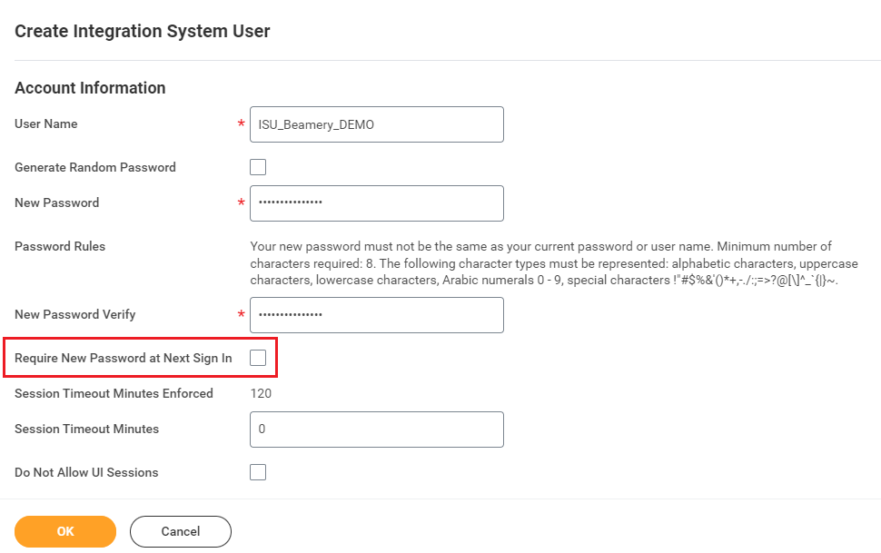 Formulario de Workday «Create Integration System User» con la casilla «Require New Password at Next Sign In» desmarcada