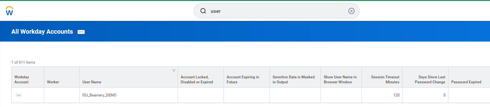 Informe de Workday «All Workday Accounts» filtrado por el nombre de usuario de la ISU