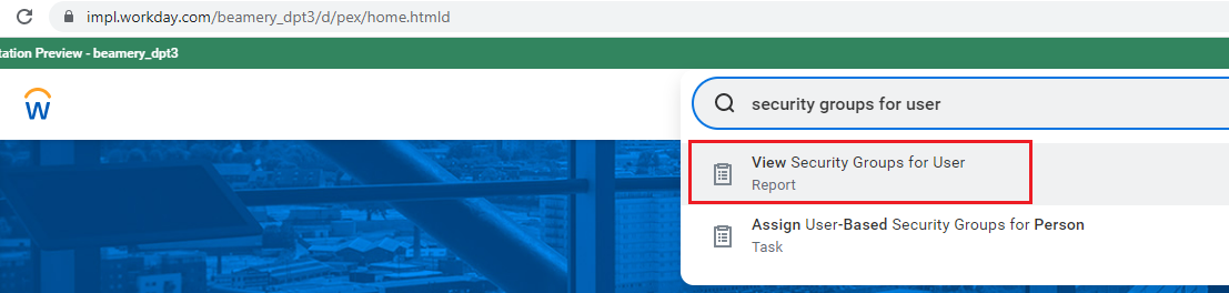 Búsqueda en Workday del informe «View Security Groups for User»