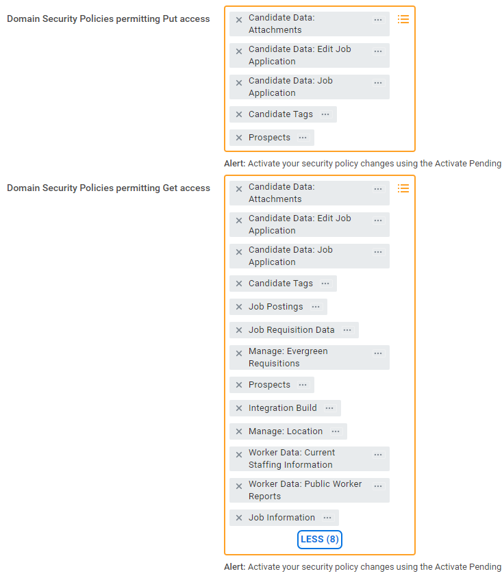 Campos de Workday de los permisos de dominio Put y Get para el grupo de seguridad