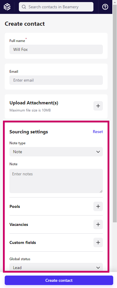 Formulaire Create contact de l’extension Beamery avec les Sourcing settings mis en évidence (Note type, Pools, Vacancies, Custom fields, Global status) et le bouton Create contact