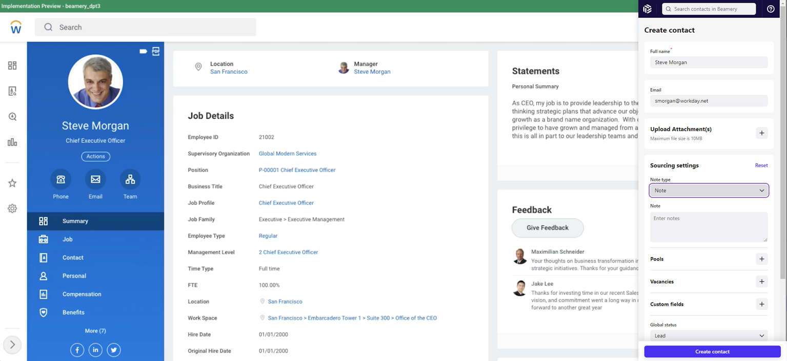 Perfil de un contacto en Workday con la extensión de Beamery abierta en el formulario Create contact