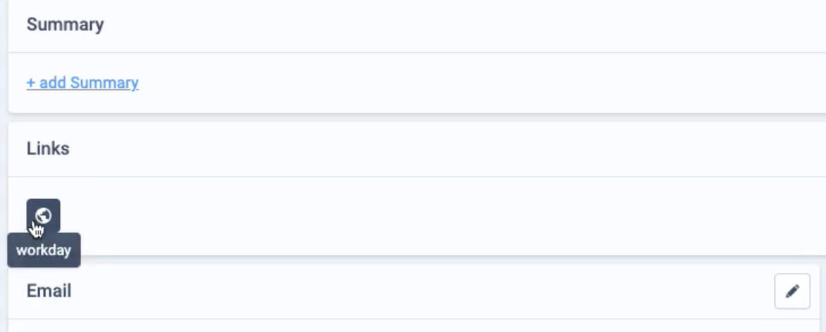 Perfil de Beamery con el icono de Workday en la sección Enlaces