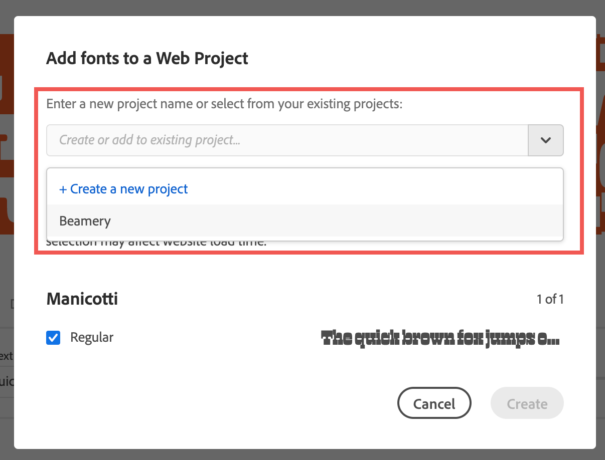 Fenêtre Adobe Fonts « Add fonts to a Web Project » avec le choix du projet encadré