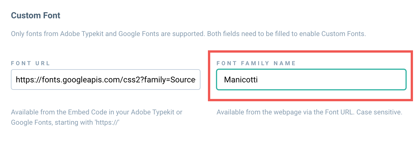 Campo Font Family Name completado en Beamery con el nombre de la fuente de Adobe