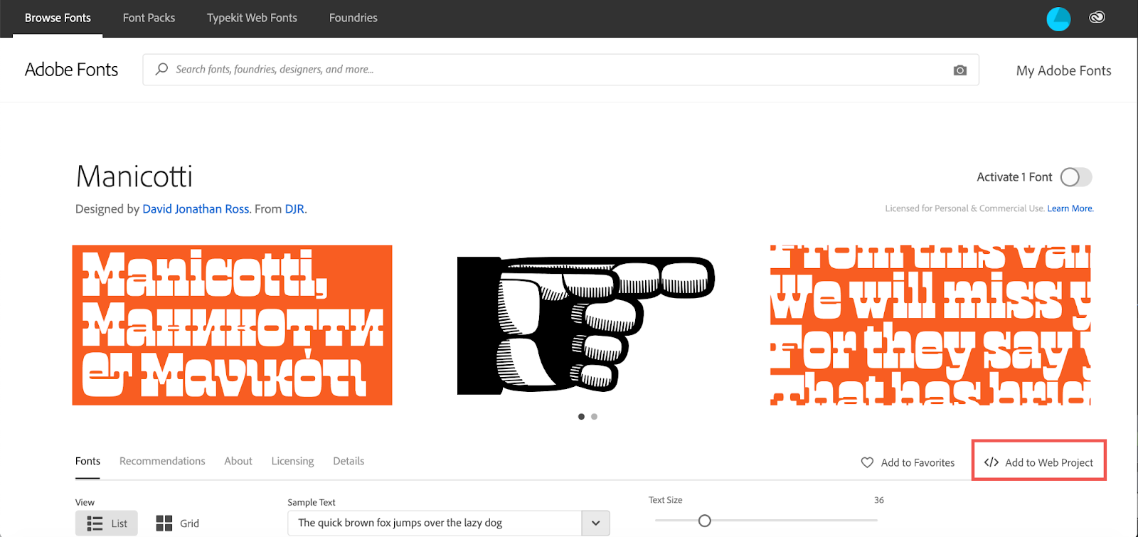 Page d’une famille de polices Adobe Fonts avec le bouton « Add to Web Project » encadré