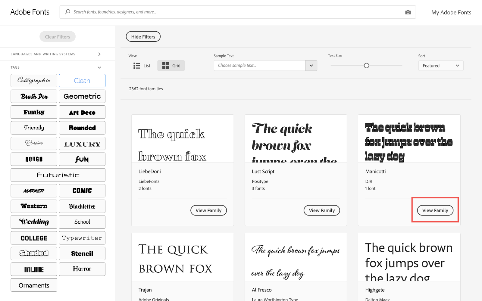 Catálogo de Adobe Fonts con el botón «View Family» de una fuente resaltado