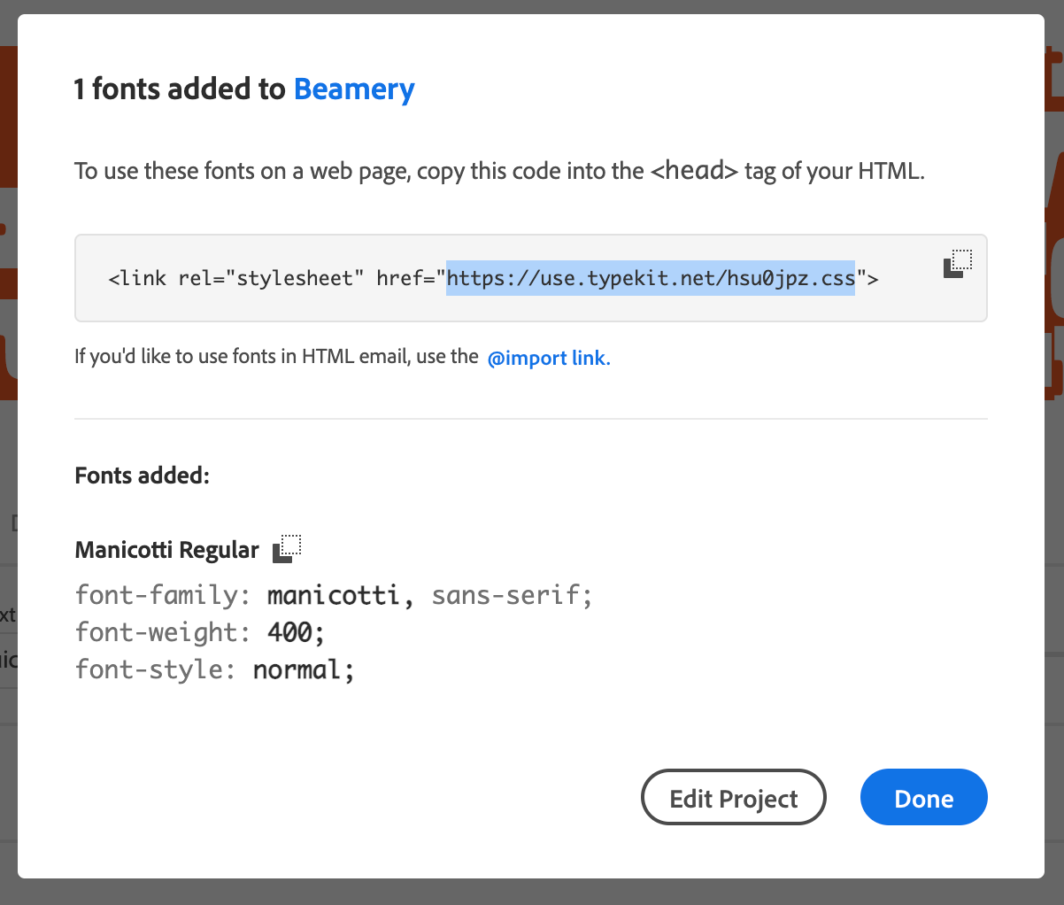Ventana de confirmación de Adobe Fonts con el código de inserción del proyecto web