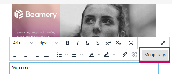Barre d’outils d’un bloc de texte avec le bouton Merge Tags mis en évidence
