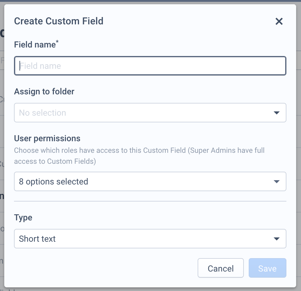 Ventana Create Custom Field con los campos Field name, Assign to folder, User permissions y Type