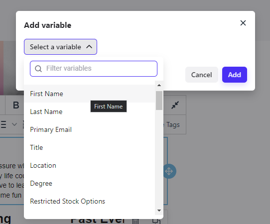 Ventana Add variable con la lista de variables disponibles