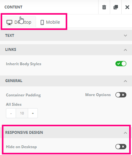 Panneau de propriétés en mode Desktop avec la section Responsive Design mise en évidence