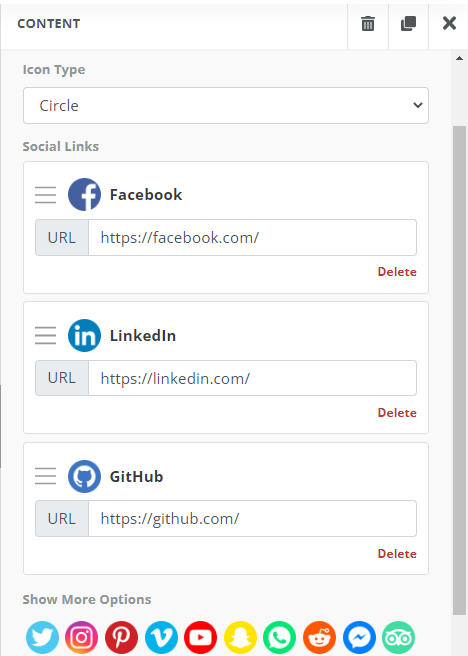 Panel de propiedades de un bloque de redes sociales con enlaces a Facebook, LinkedIn y GitHub