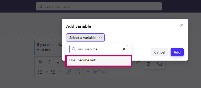 Ventana Add variable con la variable Unsubscribe link