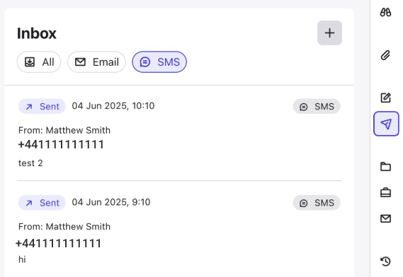 Messages SMS dans la boîte de réception du profil