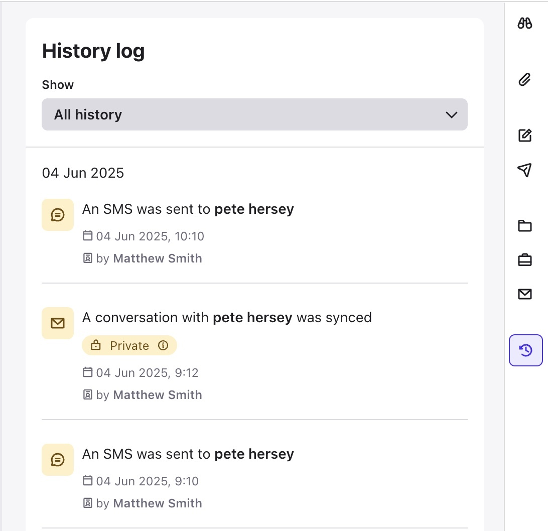 Messages SMS dans le journal historique du profil