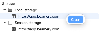 Section Stockage local des outils de développement avec l’URL de Beamery et l’option Effacer
