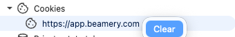 Section Cookies des outils de développement avec l’URL de Beamery et l’option Effacer
