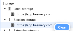Sección Session Storage de las herramientas de desarrollo con la URL de Beamery y la opción Clear