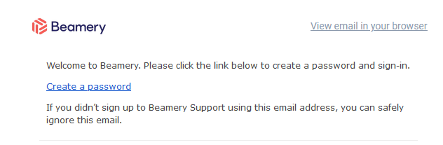 E-mail de bienvenue du centre d’assistance Beamery avec le lien pour créer un mot de passe