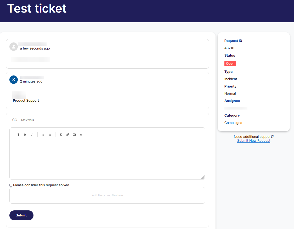 Détail d’un ticket d’assistance avec la zone de réponse et l’option de résolution