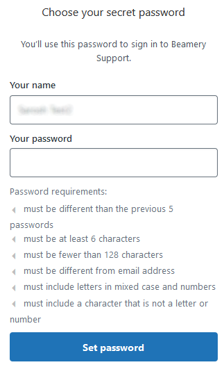 Pantalla para elegir la contraseña con los campos Your name y Your password