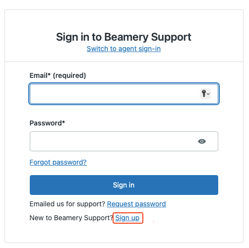 Pantalla de inicio de sesión del Portal de soporte de Beamery con el enlace Sign up resaltado