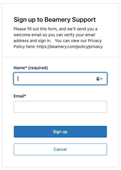 Formulario de registro del Portal de soporte de Beamery con los campos Name y Email