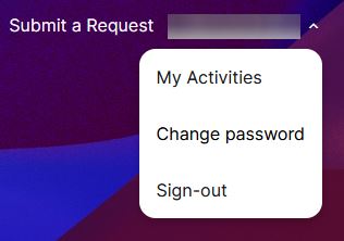 Menú desplegable del perfil con las opciones My Activities, Change password y Sign-out